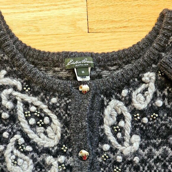Eddie Bauer Womens Grey Fair Isle Lambs Wool Cashmere Cardigan Sweater Beaded M - Picture 3 of 12
